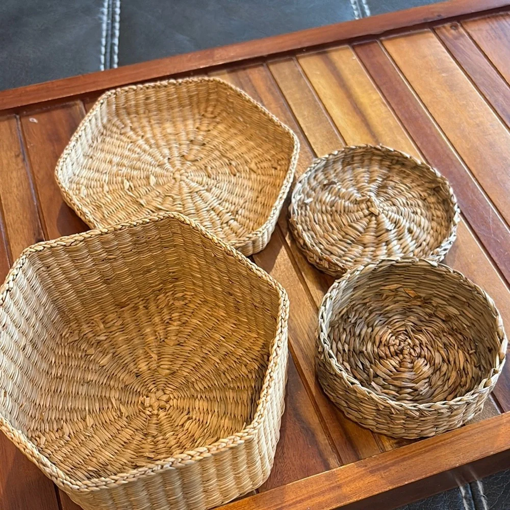 Vintage Sweetgrass Hexagon and Round Woven Basket Set